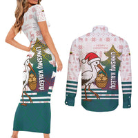 Lithuania Christmas Couples Matching Short Sleeve Bodycon Dress and Long Sleeve Button Shirt with Stork Basket Snowflakes and Traditional Pattern Design - Wonder Print Shop