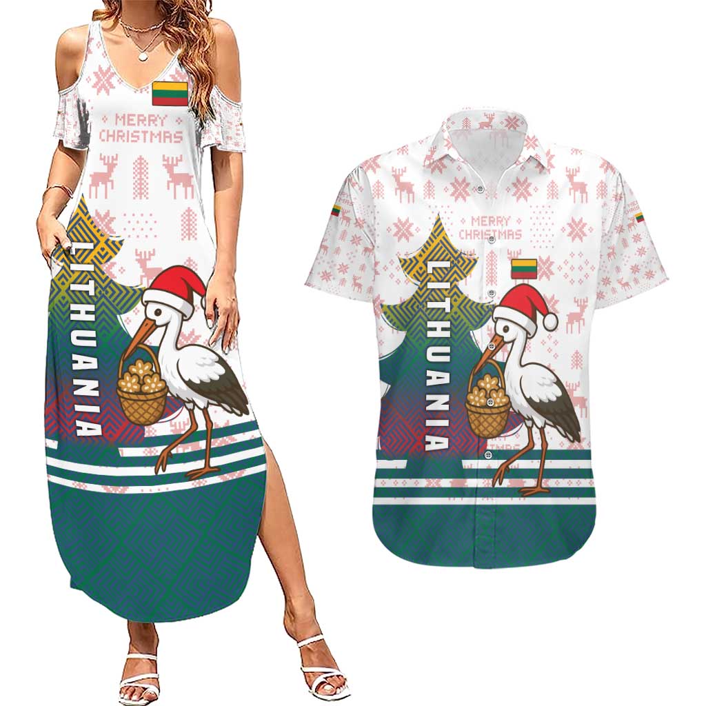 Lithuania Christmas Couples Matching Summer Maxi Dress and Hawaiian Shirt with Stork Basket Snowflakes and Traditional Pattern Design - Wonder Print Shop