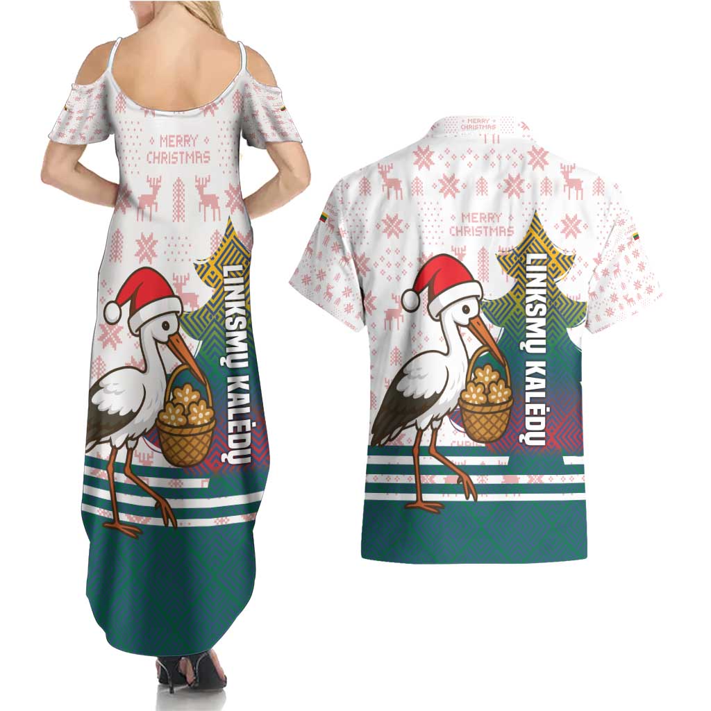 Lithuania Christmas Couples Matching Summer Maxi Dress and Hawaiian Shirt with Stork Basket Snowflakes and Traditional Pattern Design - Wonder Print Shop