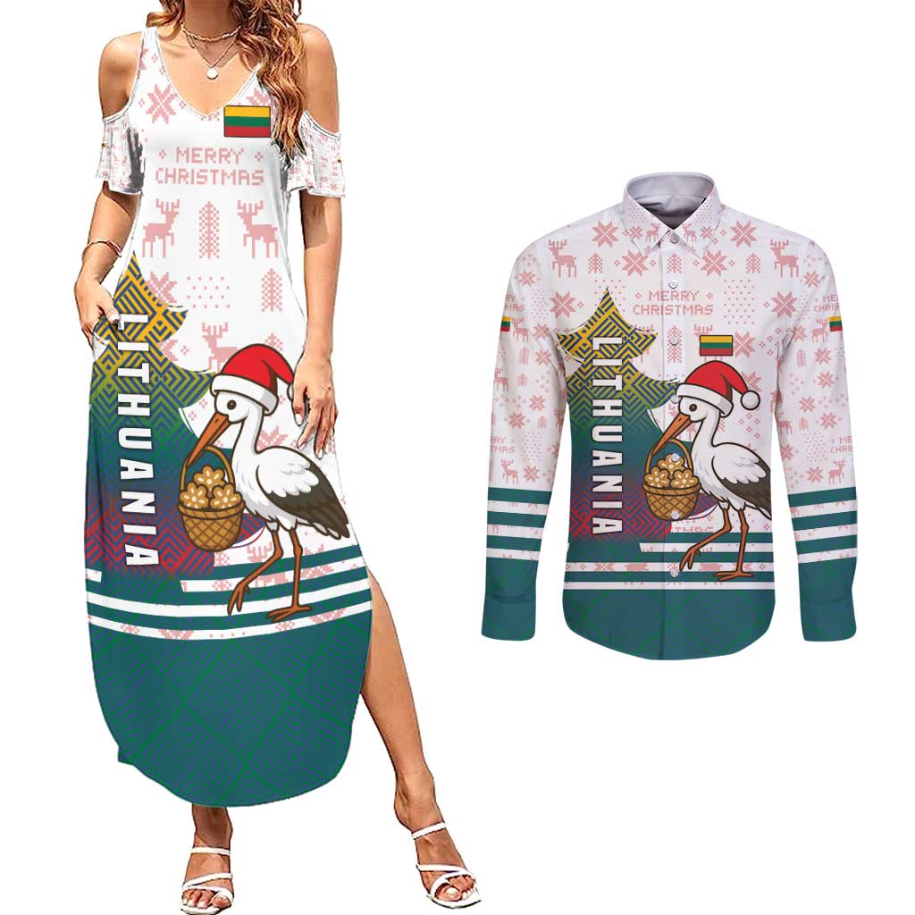 Lithuania Christmas Couples Matching Summer Maxi Dress and Long Sleeve Button Shirt with Stork Basket Snowflakes and Traditional Pattern Design - Wonder Print Shop