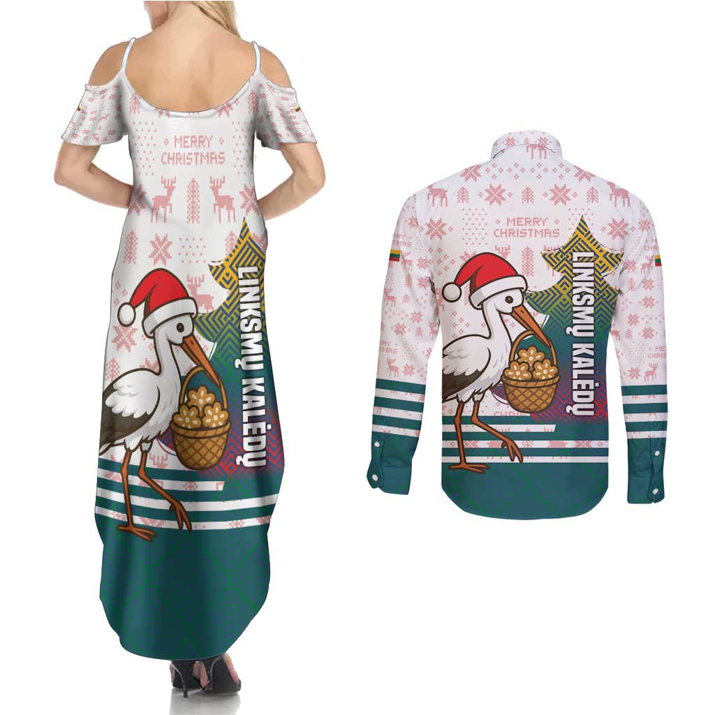 Lithuania Christmas Couples Matching Summer Maxi Dress and Long Sleeve Button Shirt with Stork Basket Snowflakes and Traditional Pattern Design - Wonder Print Shop