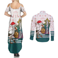 Lithuania Christmas Couples Matching Summer Maxi Dress and Long Sleeve Button Shirt with Stork Basket Snowflakes and Traditional Pattern Design - Wonder Print Shop