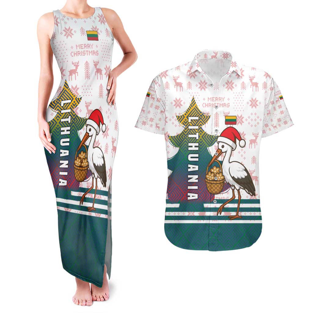 Lithuania Christmas Couples Matching Tank Maxi Dress and Hawaiian Shirt with Stork Basket Snowflakes and Traditional Pattern Design - Wonder Print Shop