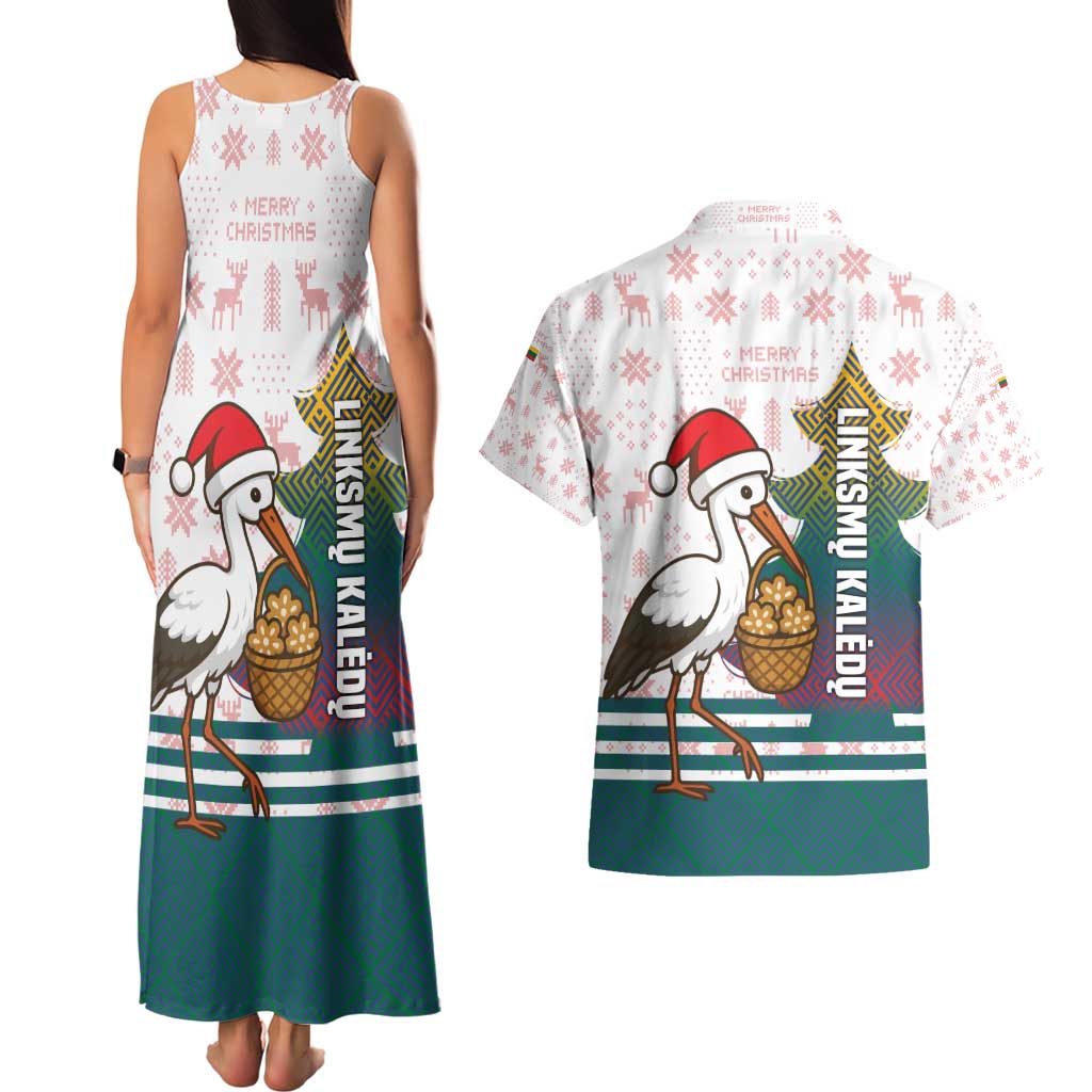 Lithuania Christmas Couples Matching Tank Maxi Dress and Hawaiian Shirt with Stork Basket Snowflakes and Traditional Pattern Design - Wonder Print Shop