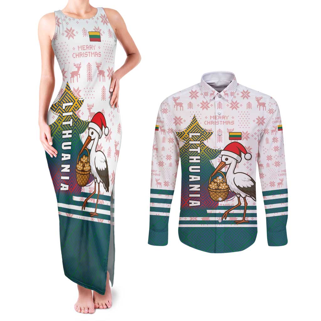 Lithuania Christmas Couples Matching Tank Maxi Dress and Long Sleeve Button Shirt with Stork Basket Snowflakes and Traditional Pattern Design - Wonder Print Shop