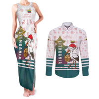 Lithuania Christmas Couples Matching Tank Maxi Dress and Long Sleeve Button Shirt with Stork Basket Snowflakes and Traditional Pattern Design - Wonder Print Shop