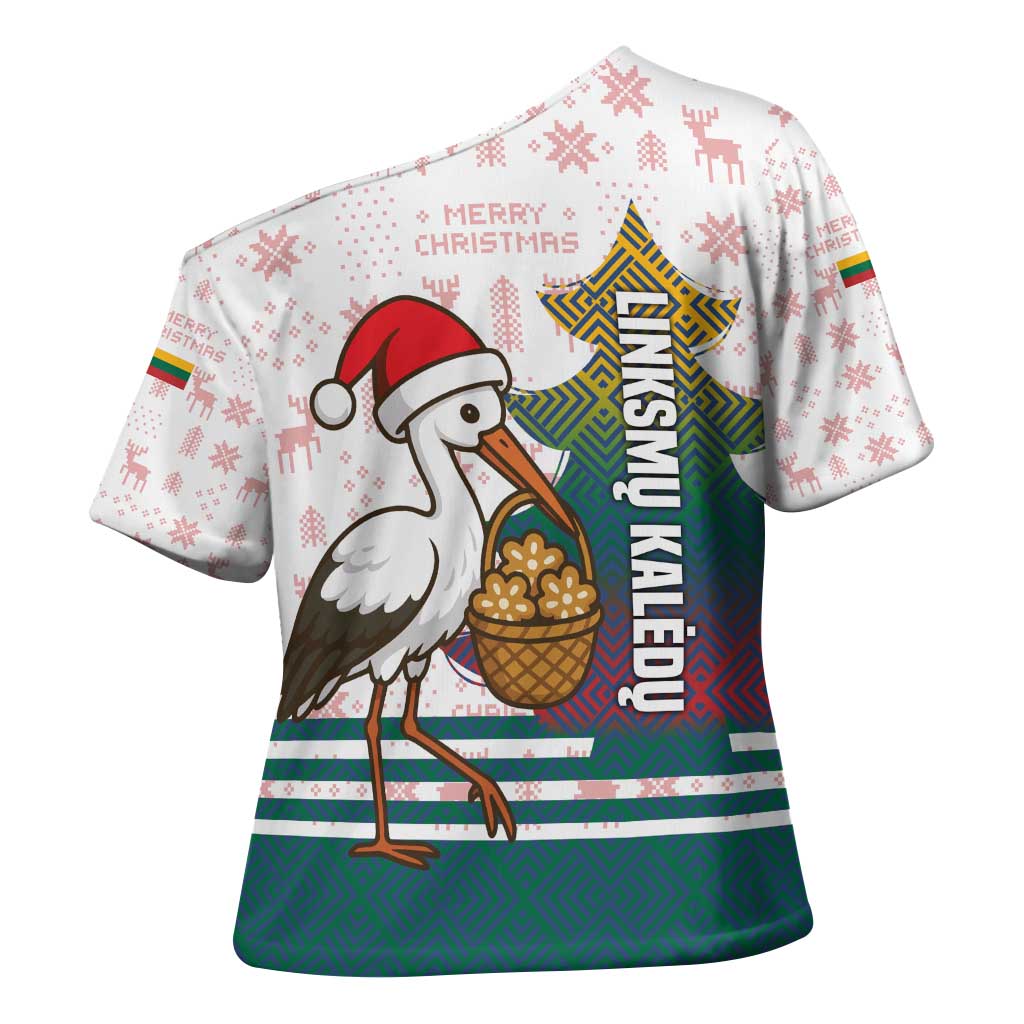 Lithuania Christmas Cross Shoulder Shirt with Stork Basket Snowflakes and Traditional Pattern Design - Wonder Print Shop