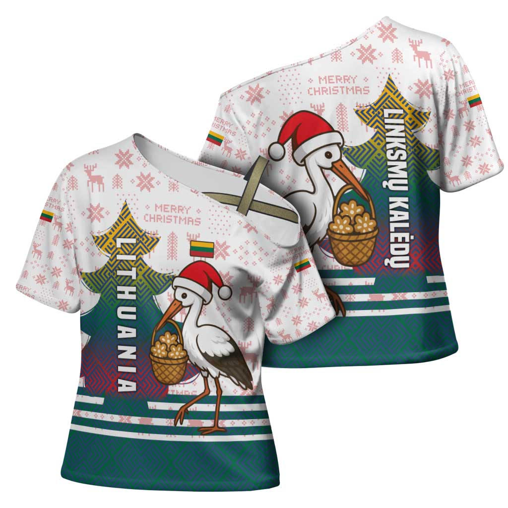 Lithuania Christmas Cross Shoulder Shirt with Stork Basket Snowflakes and Traditional Pattern Design - Wonder Print Shop