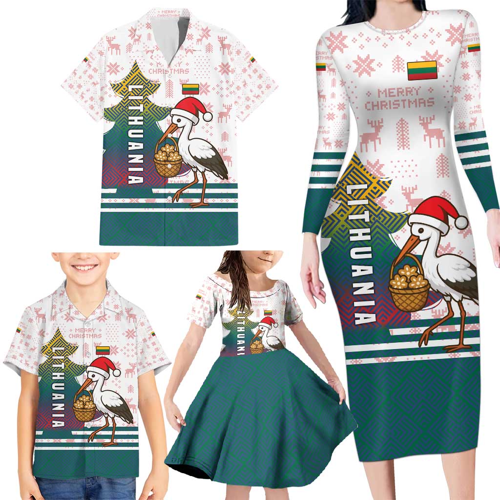 Lithuania Christmas Family Matching Long Sleeve Bodycon Dress and Hawaiian Shirt with Stork Basket Snowflakes and Traditional Pattern Design - Wonder Print Shop