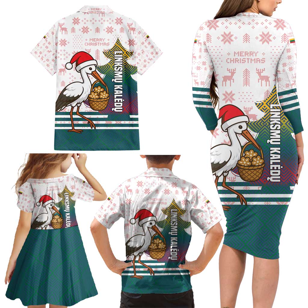 Lithuania Christmas Family Matching Long Sleeve Bodycon Dress and Hawaiian Shirt with Stork Basket Snowflakes and Traditional Pattern Design - Wonder Print Shop