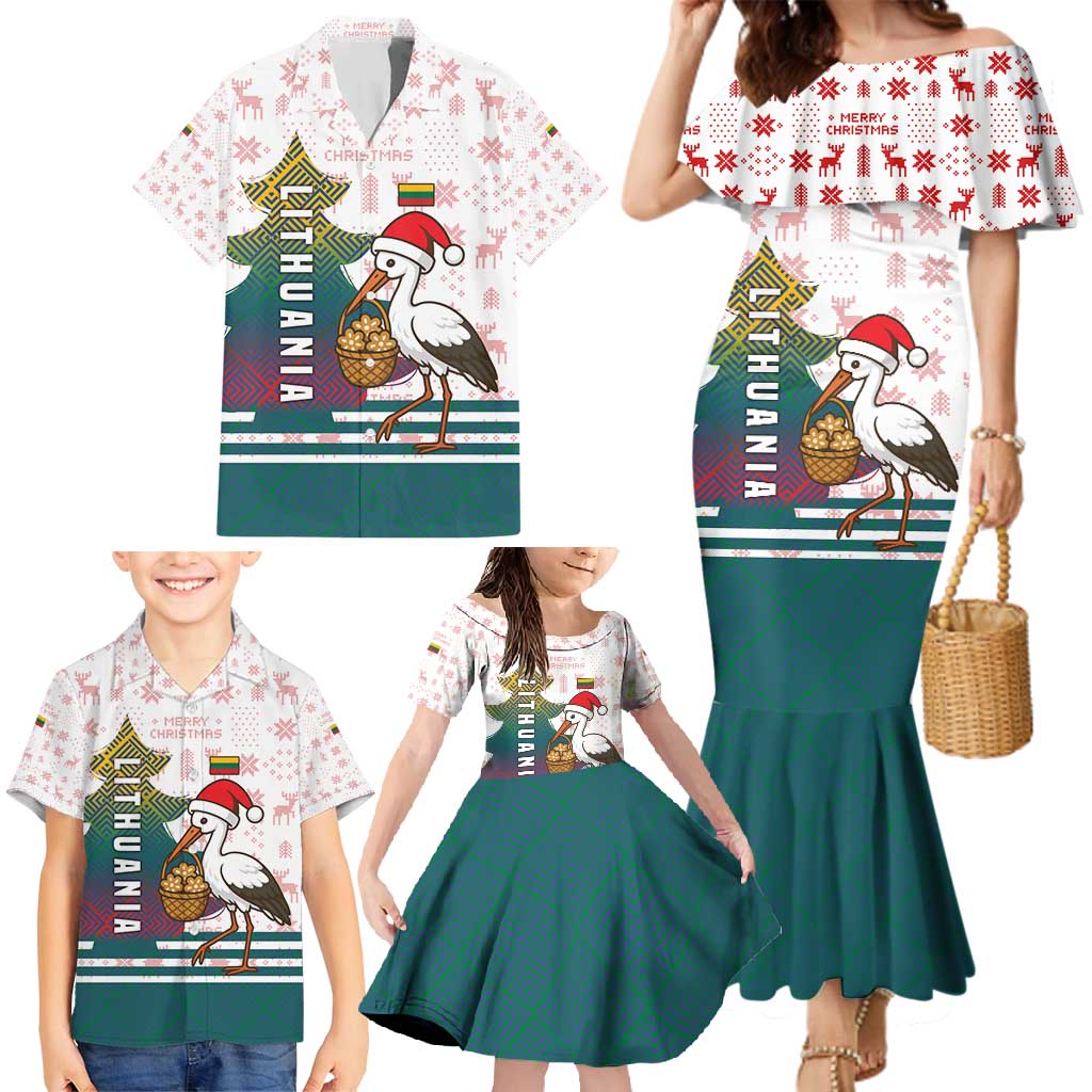 Lithuania Christmas Family Matching Mermaid Dress and Hawaiian Shirt with Stork Basket Snowflakes and Traditional Pattern Design - Wonder Print Shop