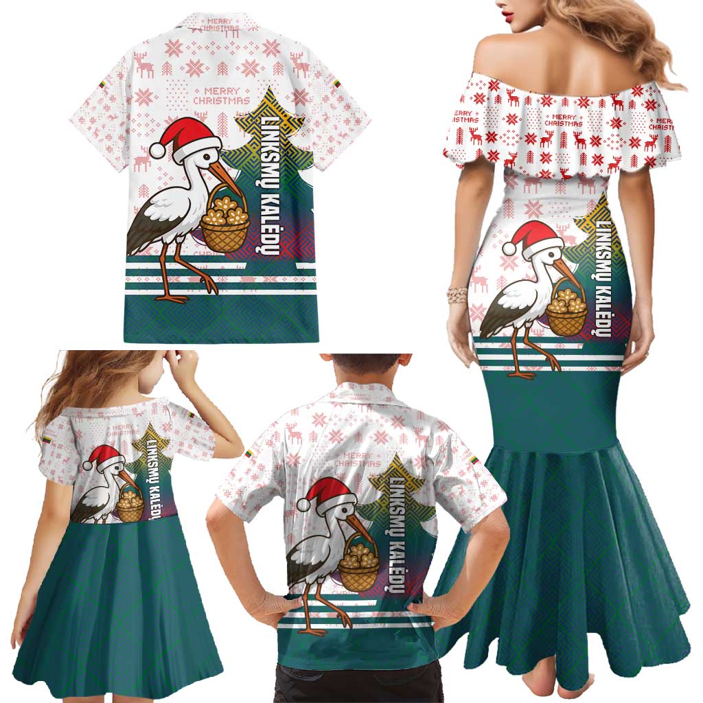 Lithuania Christmas Family Matching Mermaid Dress and Hawaiian Shirt with Stork Basket Snowflakes and Traditional Pattern Design - Wonder Print Shop