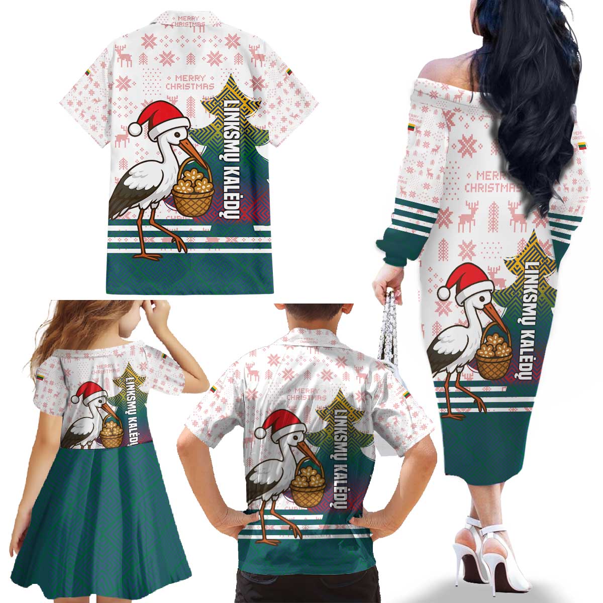 Lithuania Christmas Family Matching Off The Shoulder Long Sleeve Dress and Hawaiian Shirt with Stork Basket Snowflakes and Traditional Pattern Design - Wonder Print Shop