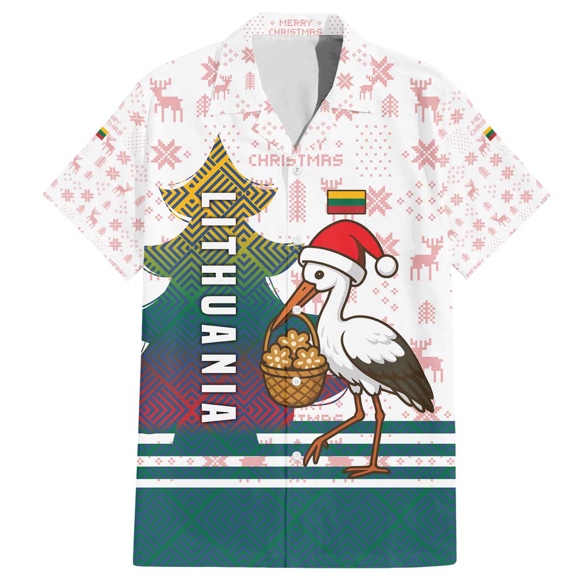 Lithuania Christmas Family Matching Off The Shoulder Long Sleeve Dress and Hawaiian Shirt with Stork Basket Snowflakes and Traditional Pattern Design - Wonder Print Shop