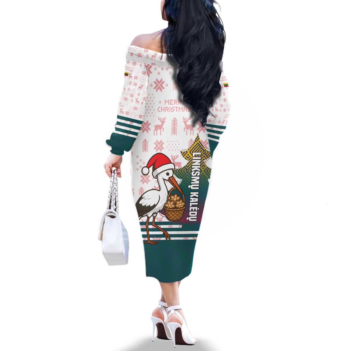 Lithuania Christmas Family Matching Off The Shoulder Long Sleeve Dress and Hawaiian Shirt with Stork Basket Snowflakes and Traditional Pattern Design - Wonder Print Shop