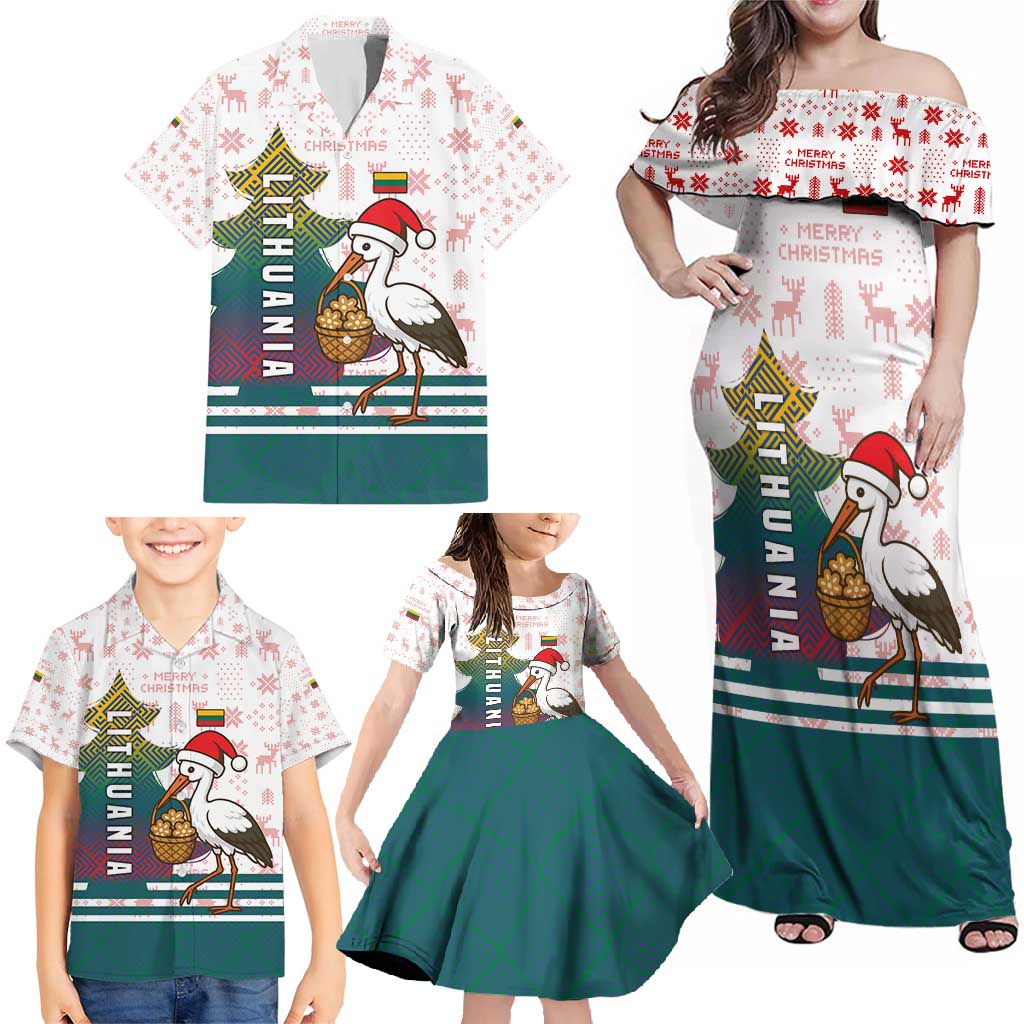 Lithuania Christmas Family Matching Off Shoulder Maxi Dress and Hawaiian Shirt with Stork Basket Snowflakes and Traditional Pattern Design - Wonder Print Shop