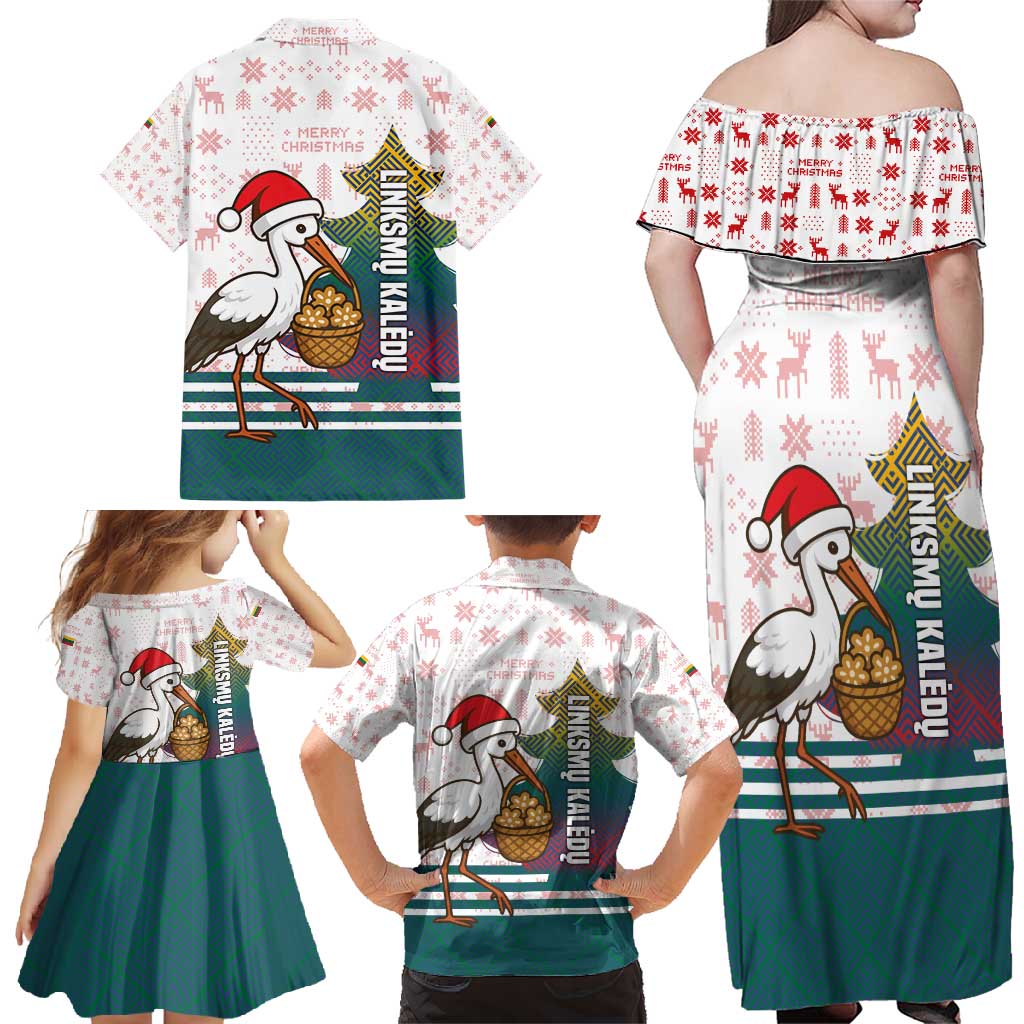 Lithuania Christmas Family Matching Off Shoulder Maxi Dress and Hawaiian Shirt with Stork Basket Snowflakes and Traditional Pattern Design - Wonder Print Shop
