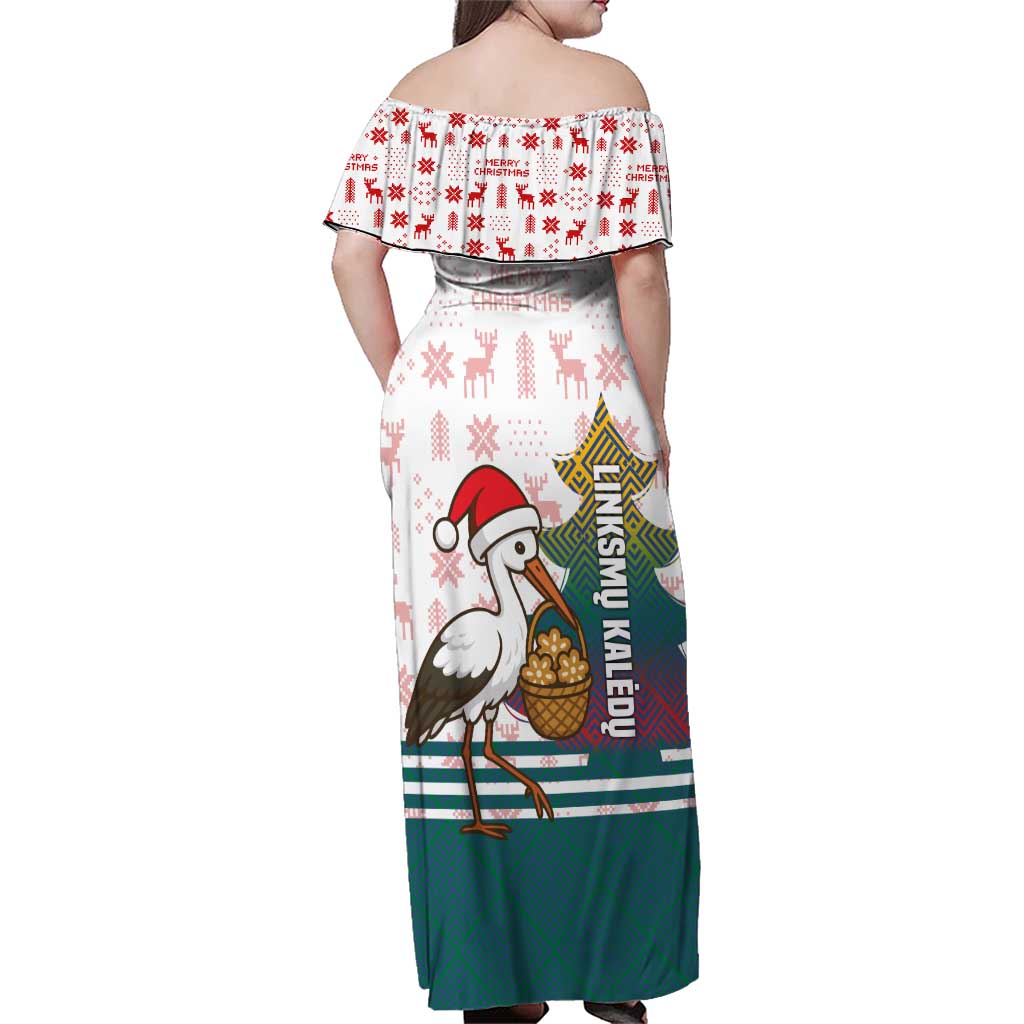 Lithuania Christmas Family Matching Off Shoulder Maxi Dress and Hawaiian Shirt with Stork Basket Snowflakes and Traditional Pattern Design - Wonder Print Shop