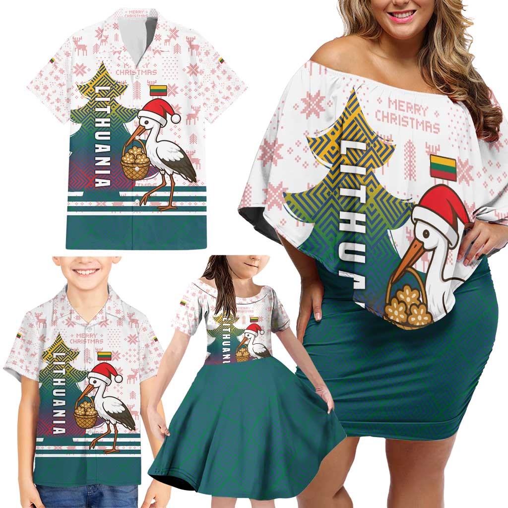 Lithuania Christmas Family Matching Off Shoulder Short Dress and Hawaiian Shirt with Stork Basket Snowflakes and Traditional Pattern Design - Wonder Print Shop