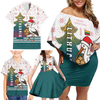 Lithuania Christmas Family Matching Off Shoulder Short Dress and Hawaiian Shirt with Stork Basket Snowflakes and Traditional Pattern Design - Wonder Print Shop