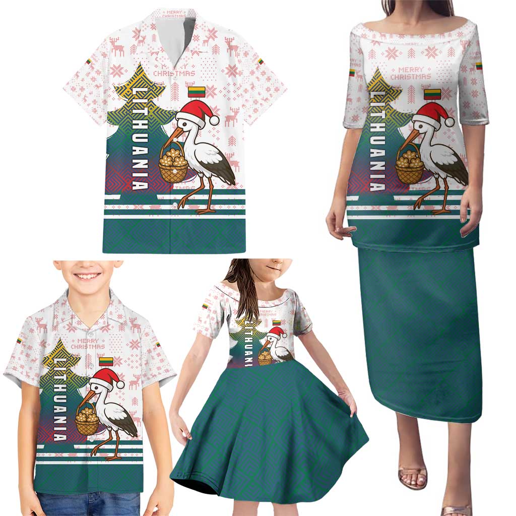 Lithuania Christmas Family Matching Puletasi and Hawaiian Shirt with Stork Basket Snowflakes and Traditional Pattern Design - Wonder Print Shop