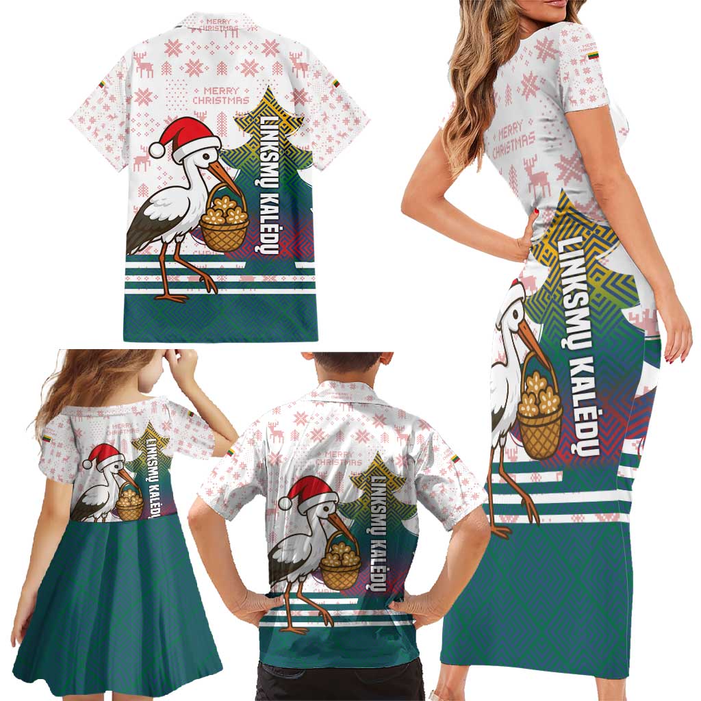 Lithuania Christmas Family Matching Short Sleeve Bodycon Dress and Hawaiian Shirt with Stork Basket Snowflakes and Traditional Pattern Design - Wonder Print Shop