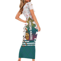 Lithuania Christmas Family Matching Short Sleeve Bodycon Dress and Hawaiian Shirt with Stork Basket Snowflakes and Traditional Pattern Design - Wonder Print Shop