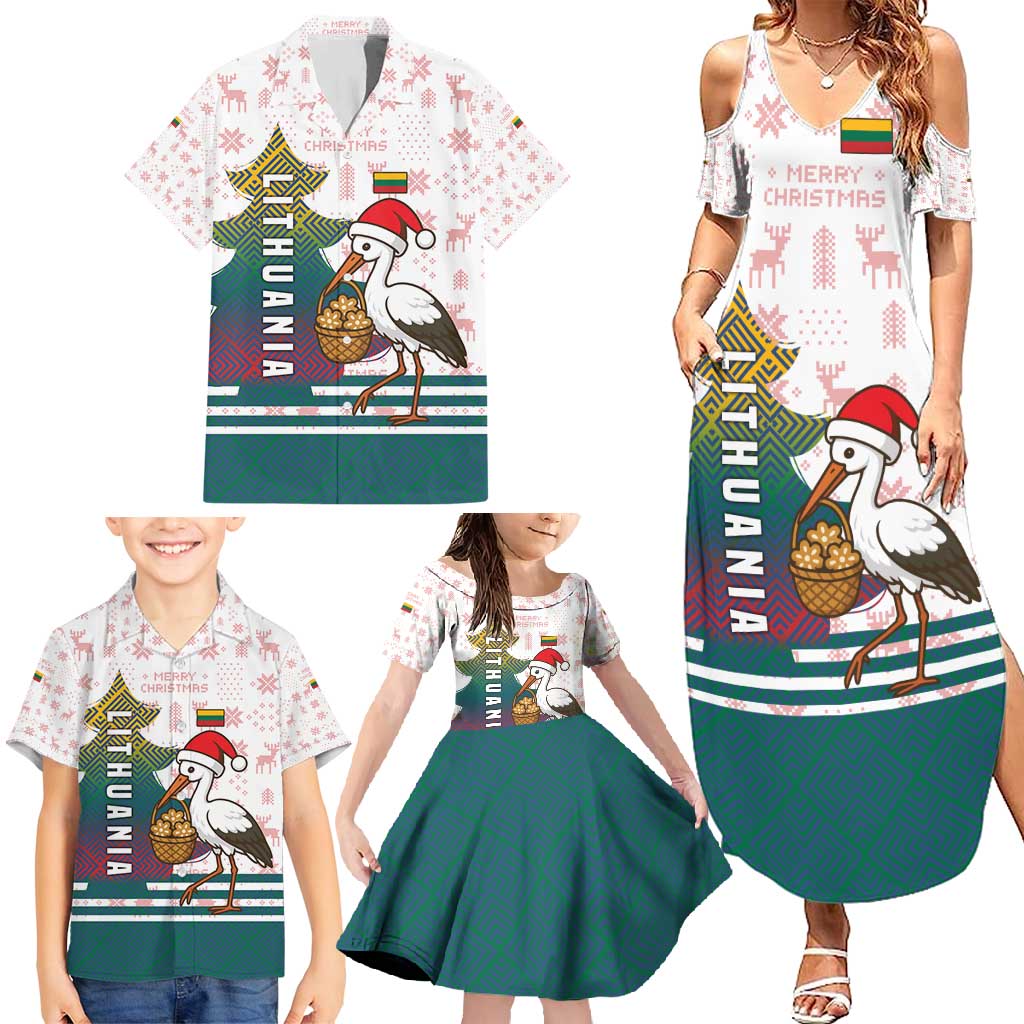 Lithuania Christmas Family Matching Summer Maxi Dress and Hawaiian Shirt with Stork Basket Snowflakes and Traditional Pattern Design - Wonder Print Shop