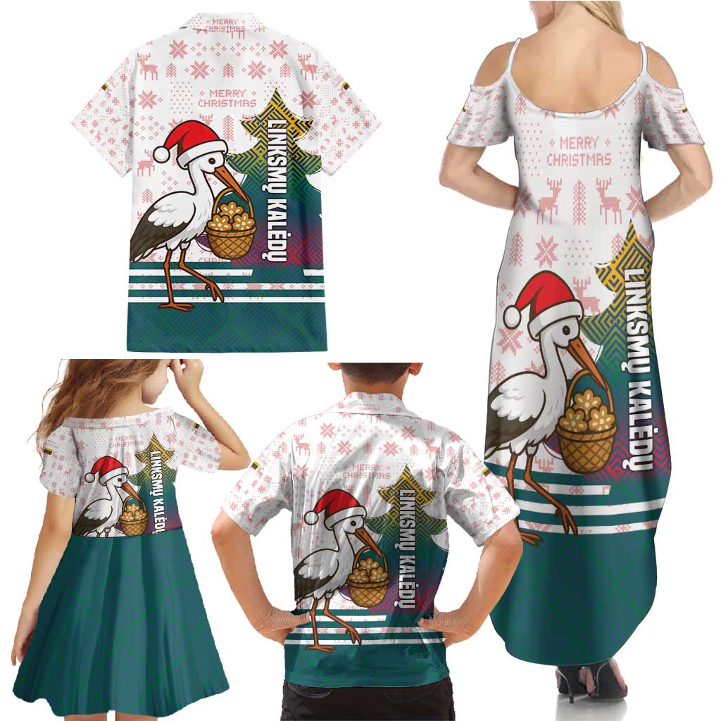 Lithuania Christmas Family Matching Summer Maxi Dress and Hawaiian Shirt with Stork Basket Snowflakes and Traditional Pattern Design - Wonder Print Shop