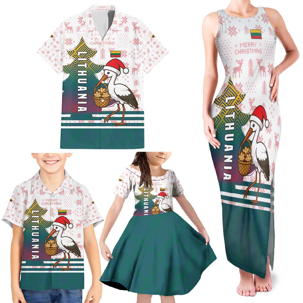 Lithuania Christmas Family Matching Tank Maxi Dress and Hawaiian Shirt with Stork Basket Snowflakes and Traditional Pattern Design - Wonder Print Shop