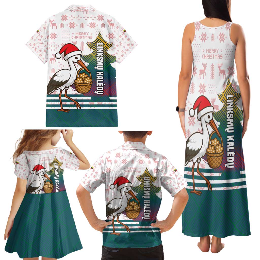 Lithuania Christmas Family Matching Tank Maxi Dress and Hawaiian Shirt with Stork Basket Snowflakes and Traditional Pattern Design - Wonder Print Shop