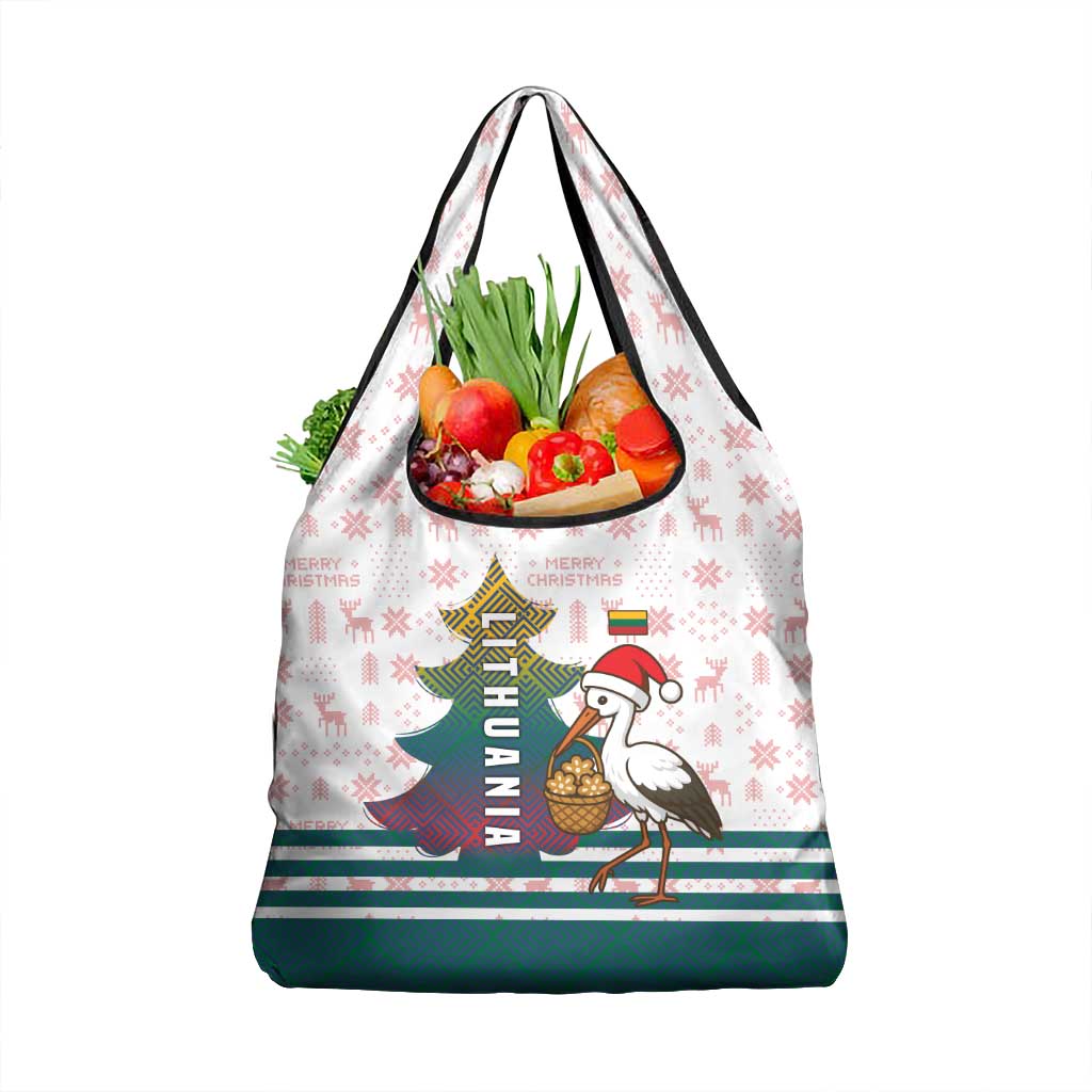 Lithuania Christmas Grocery Bag with Stork Basket Snowflakes and Traditional Pattern Design - Wonder Print Shop