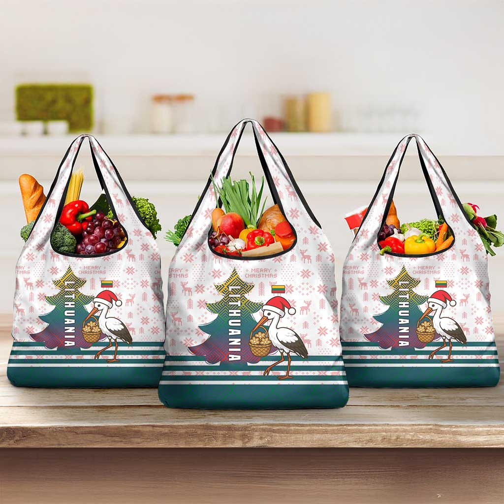 Lithuania Christmas Grocery Bag with Stork Basket Snowflakes and Traditional Pattern Design - Wonder Print Shop