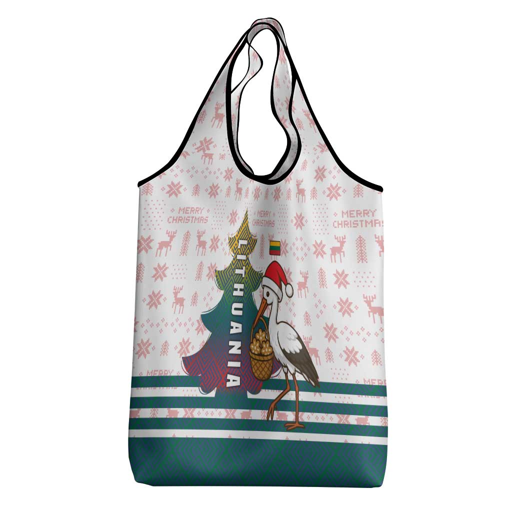 Lithuania Christmas Grocery Bag with Stork Basket Snowflakes and Traditional Pattern Design - Wonder Print Shop
