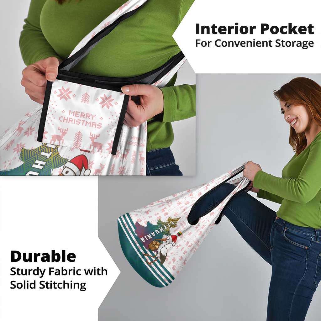 Lithuania Christmas Grocery Bag with Stork Basket Snowflakes and Traditional Pattern Design - Wonder Print Shop