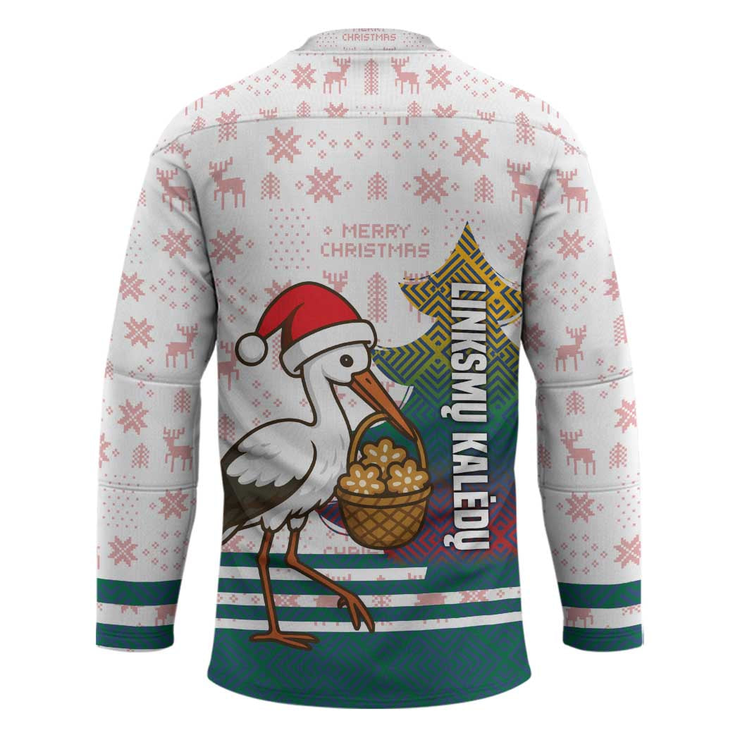 Lithuania Christmas Hockey Jersey with Stork Basket Snowflakes and Traditional Pattern Design - Wonder Print Shop
