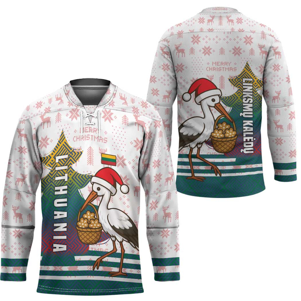 Lithuania Christmas Hockey Jersey with Stork Basket Snowflakes and Traditional Pattern Design - Wonder Print Shop