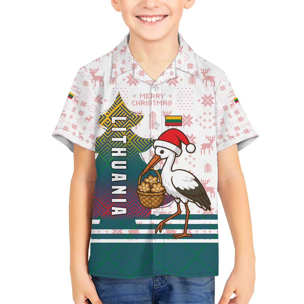 Lithuania Christmas Kid Hawaiian Shirt with Stork Basket Snowflakes and Traditional Pattern Design - Wonder Print Shop