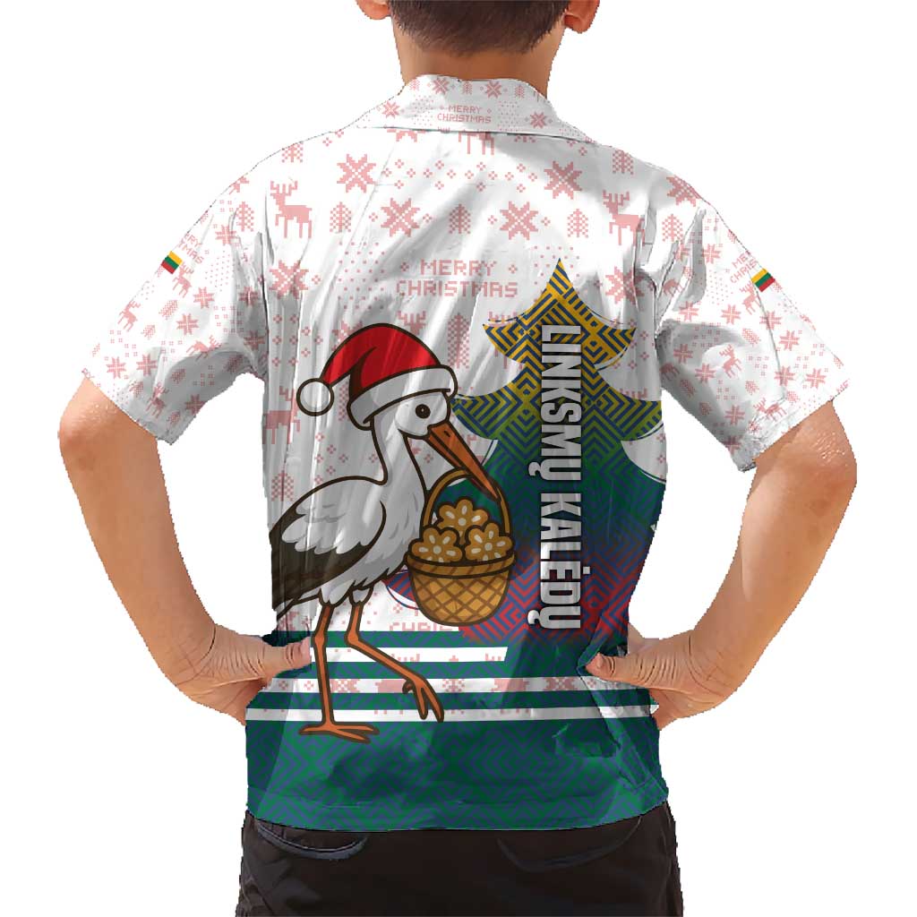 Lithuania Christmas Kid Hawaiian Shirt with Stork Basket Snowflakes and Traditional Pattern Design - Wonder Print Shop