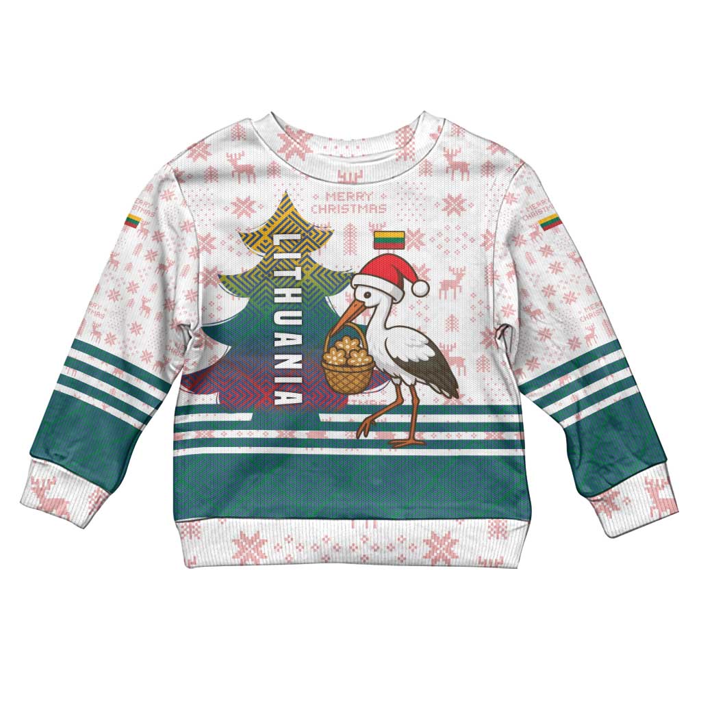 Lithuania Christmas Kid Ugly Christmas Sweater with Stork Basket Snowflakes and Traditional Pattern Design - Wonder Print Shop