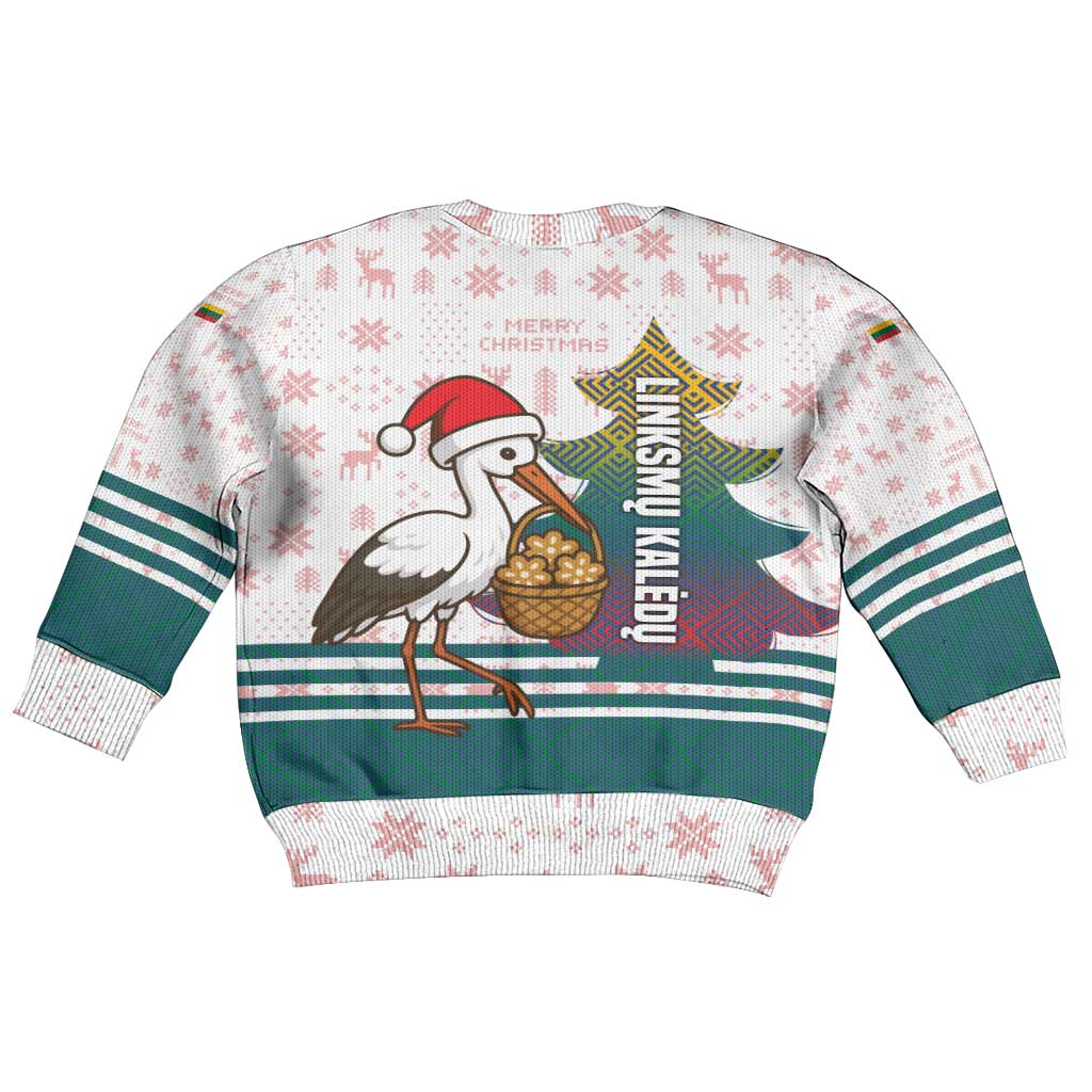 Lithuania Christmas Kid Ugly Christmas Sweater with Stork Basket Snowflakes and Traditional Pattern Design - Wonder Print Shop
