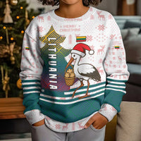 Lithuania Christmas Kid Ugly Christmas Sweater with Stork Basket Snowflakes and Traditional Pattern Design - Wonder Print Shop