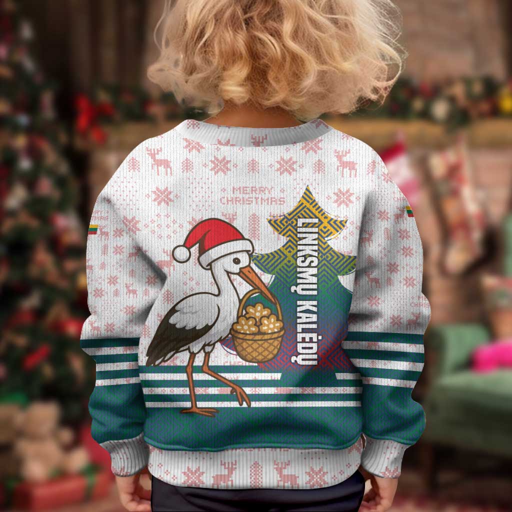 Lithuania Christmas Kid Ugly Christmas Sweater with Stork Basket Snowflakes and Traditional Pattern Design - Wonder Print Shop
