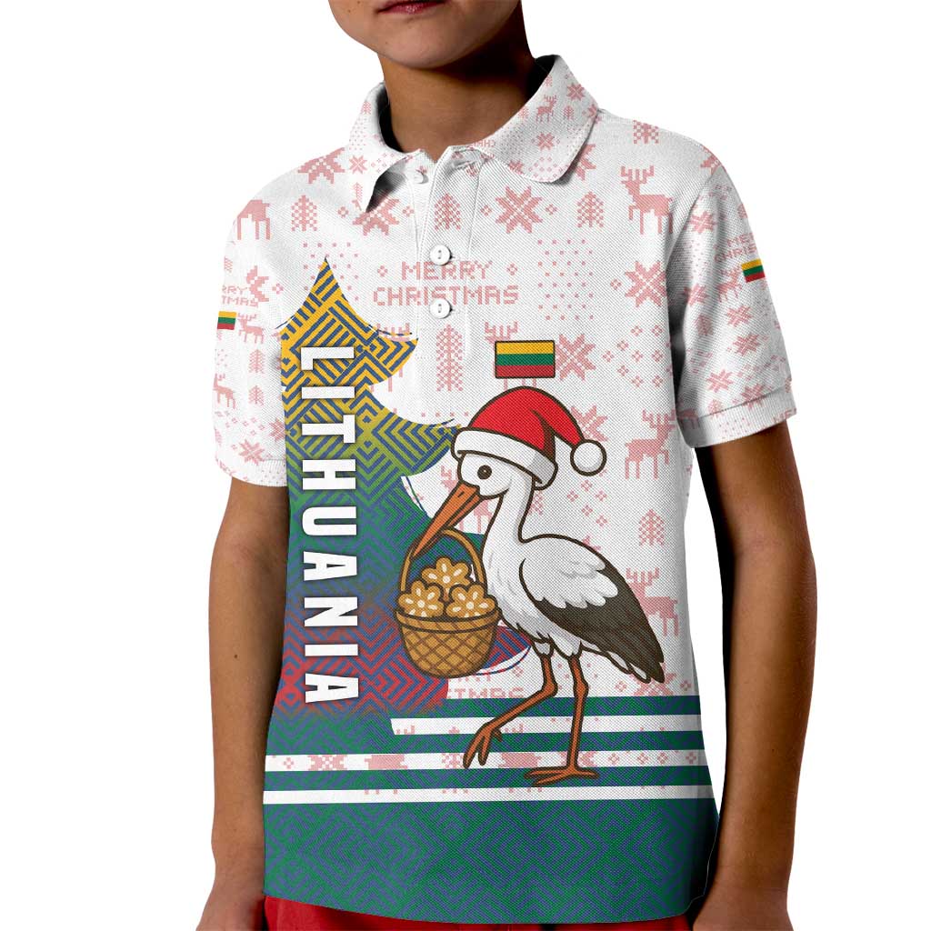 Lithuania Christmas Kid Polo Shirt with Stork Basket Snowflakes and Traditional Pattern Design - Wonder Print Shop