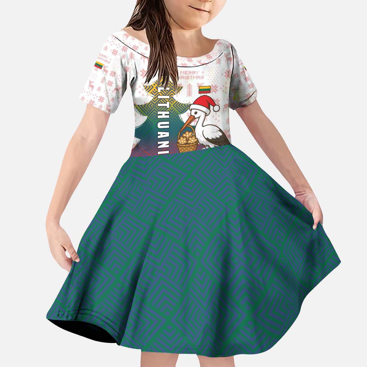 Lithuania Christmas Kid Short Sleeve Dress with Stork Basket Snowflakes and Traditional Pattern Design - Wonder Print Shop