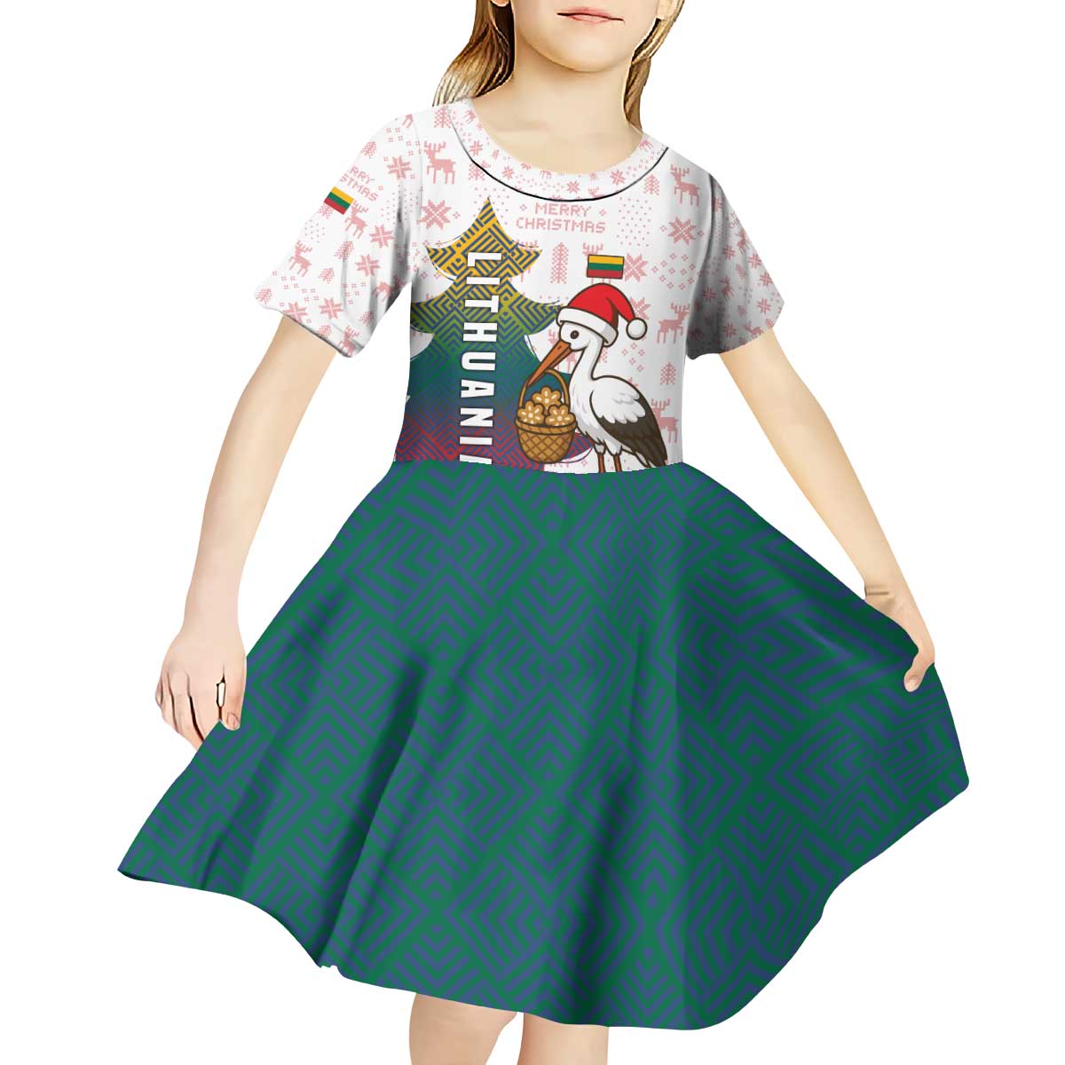 Lithuania Christmas Kid Short Sleeve Dress with Stork Basket Snowflakes and Traditional Pattern Design - Wonder Print Shop
