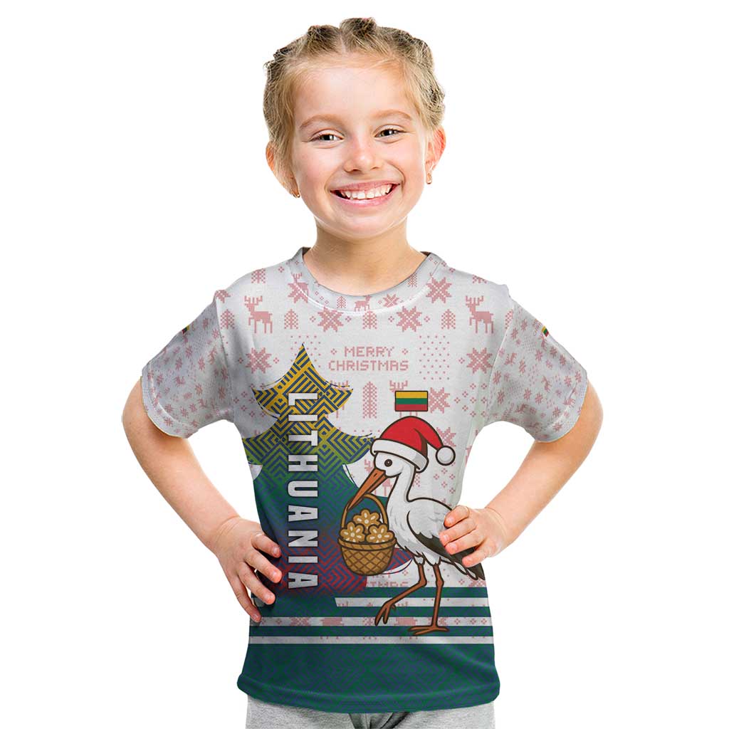 Lithuania Christmas Kid T Shirt with Stork Basket Snowflakes and Traditional Pattern Design - Wonder Print Shop