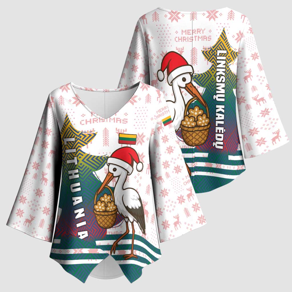 Lithuania Christmas Kimono Sleeve Blouse with Stork Basket Snowflakes and Traditional Pattern Design - Wonder Print Shop
