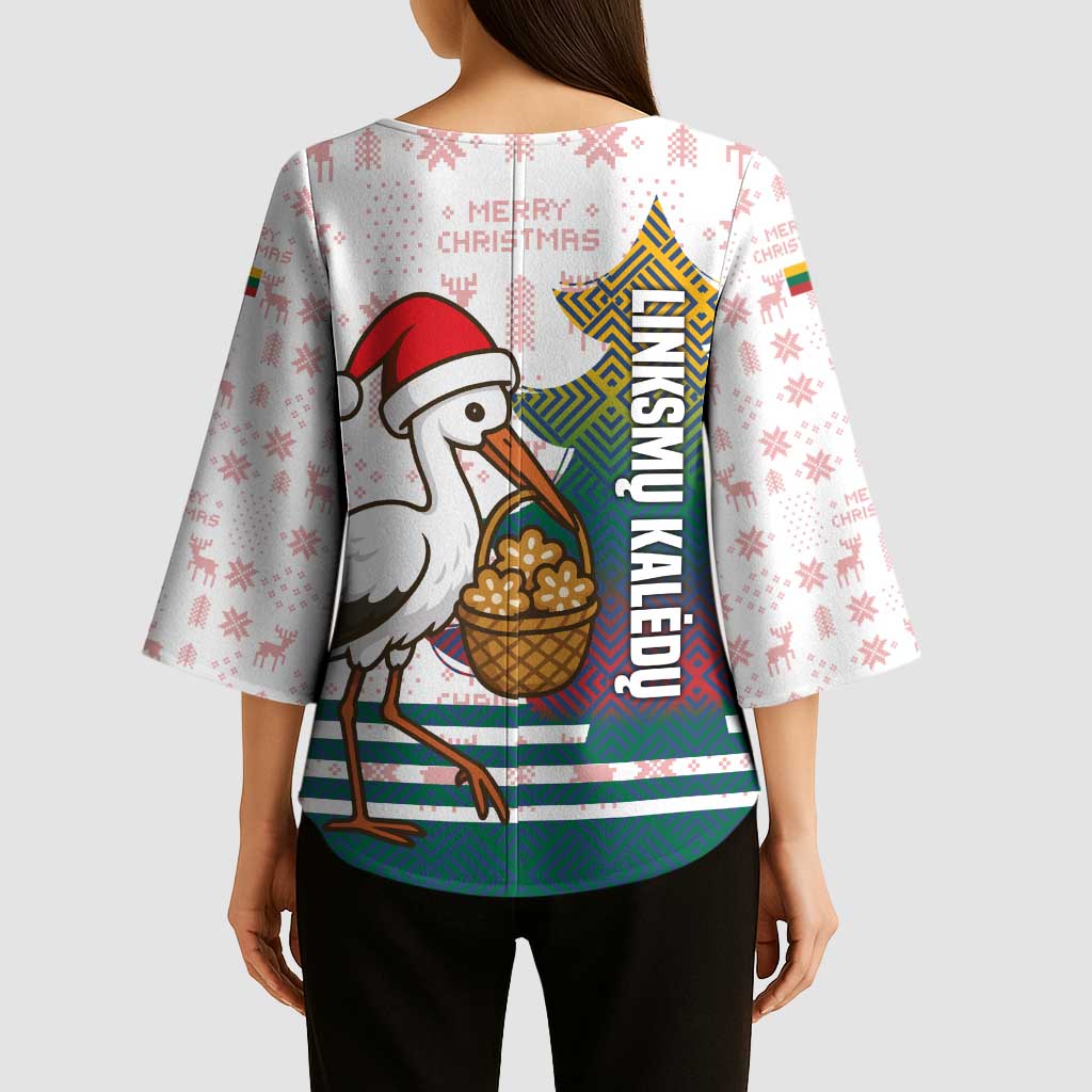 Lithuania Christmas Kimono Sleeve Blouse with Stork Basket Snowflakes and Traditional Pattern Design - Wonder Print Shop