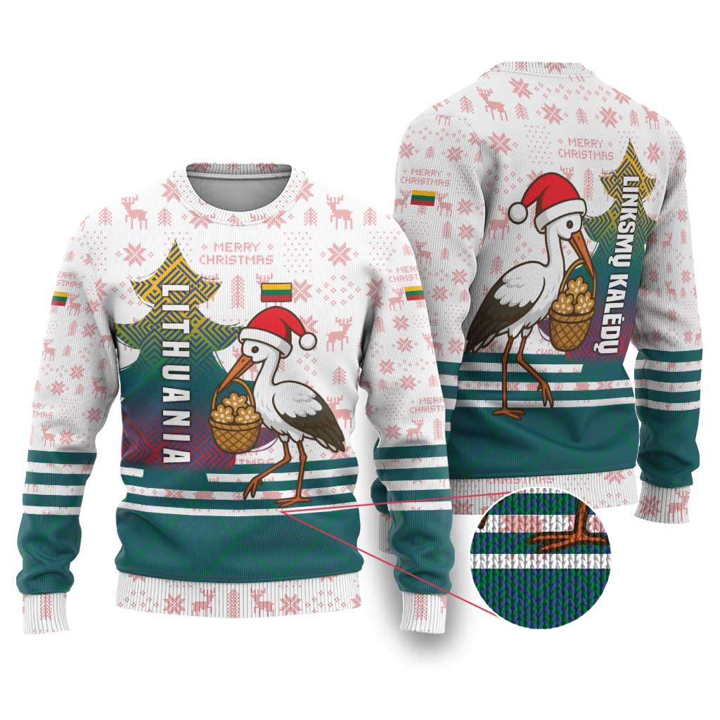 Lithuania Christmas Ugly Christmas Sweater with Stork Basket Snowflakes and Traditional Pattern Design - Wonder Print Shop